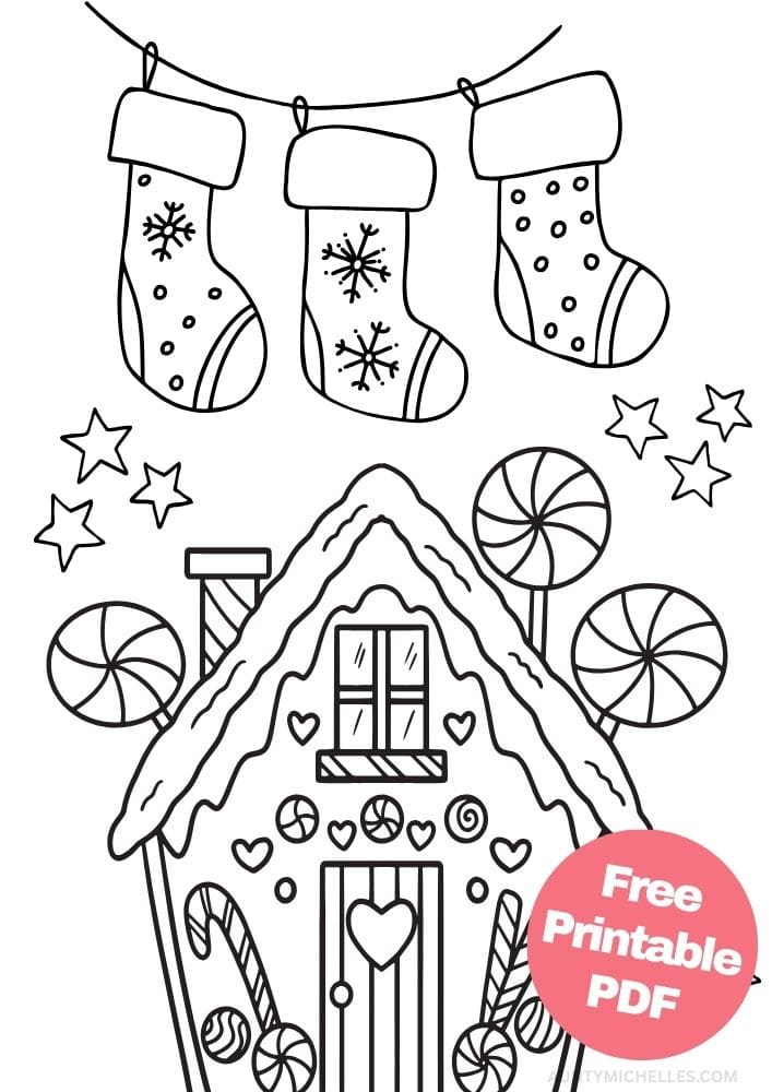 This printable coloring page for kids has a beautifully decorated gingerbread house with candies on the front like candy canes, gumdrops, peppermint, and icing.