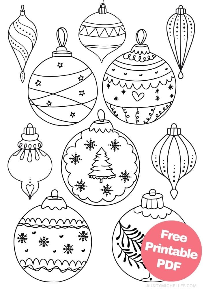 This printable coloring page for kids has a bunch of different Christmas ornaments for you to decorate featuring different designs. like snowflakes, hearts, Christmas trees, stripes, stars and more.