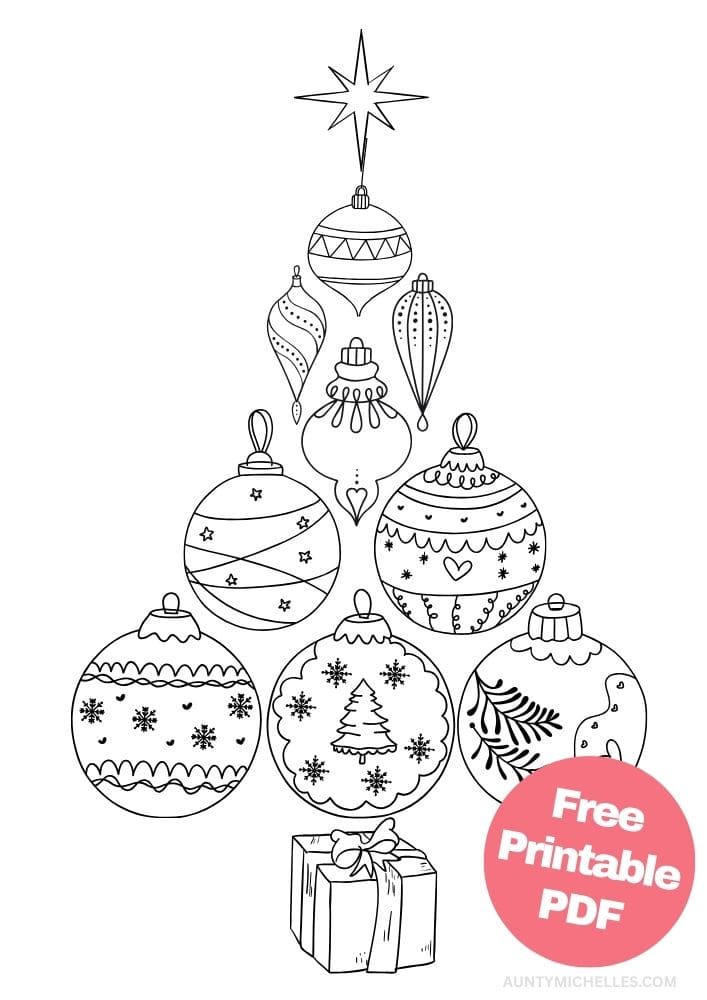 This printable coloring page for kids has Christmas ornaments in the shape of a tree. each ornament is different and feature images of snowflakes, Christmas trees, hearts, stripes, stars, and more. There's a star on top and a Christmas present represents the trunk of the tree.