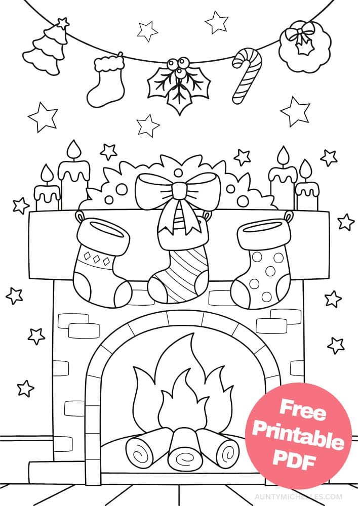 This printable coloring page for kids has a festive stocking with holly, a snowman, stripes, and stars on it. The stocking is filled with candy like a lollipop, candy cane, peppermint and a wrapped present. Hanging above the stocking are intricate ornaments. The stocking is surrounded by falling snowflakes.