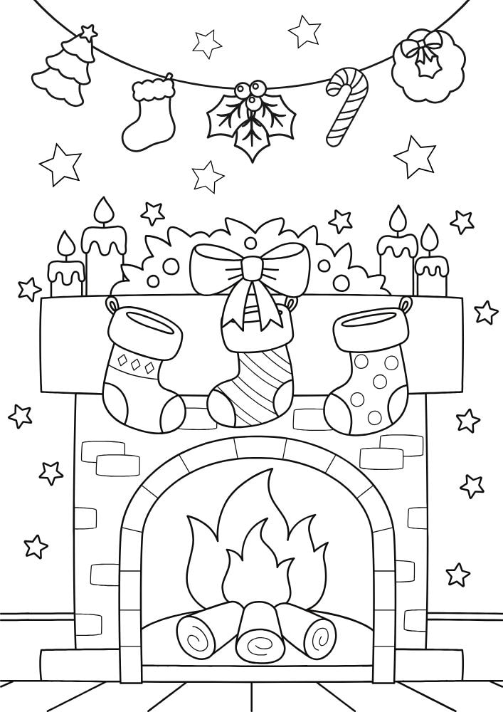 Free Printable Christmas Coloring Pages for Kids fireplace stocking ornaments garland colouring book