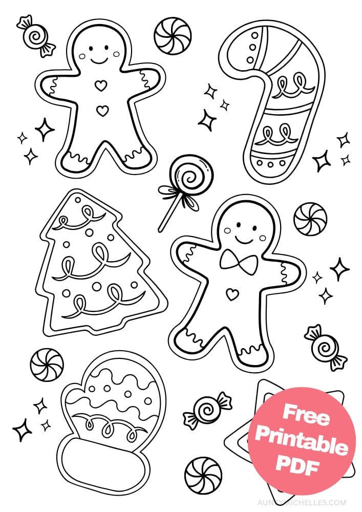 This printable coloring page for kids has Christmas cookies in different shapes. There are two gingerbread men. There are also iced sugar cookies in the shape of a Christmas tree, mitten, candy cane, and star. Around the cookies are candies, peppermints, lollipops, and stars.