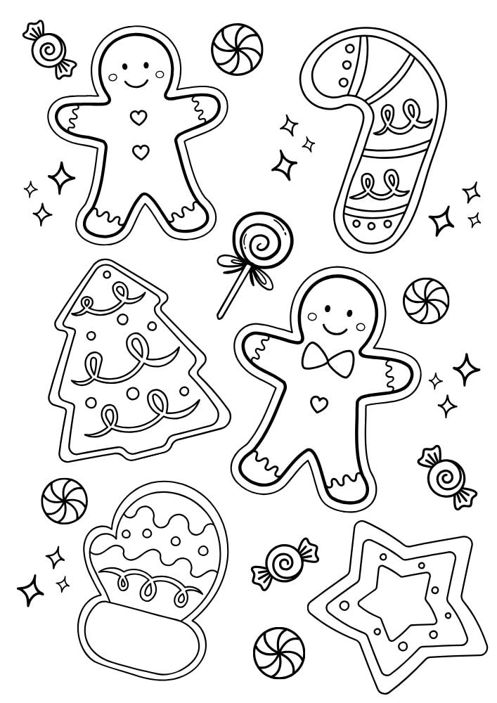 Free Printable Christmas Coloring Pages for Kids gingerbread cookies mitten candy cane gingerbread man christmas tree star candy colouring book