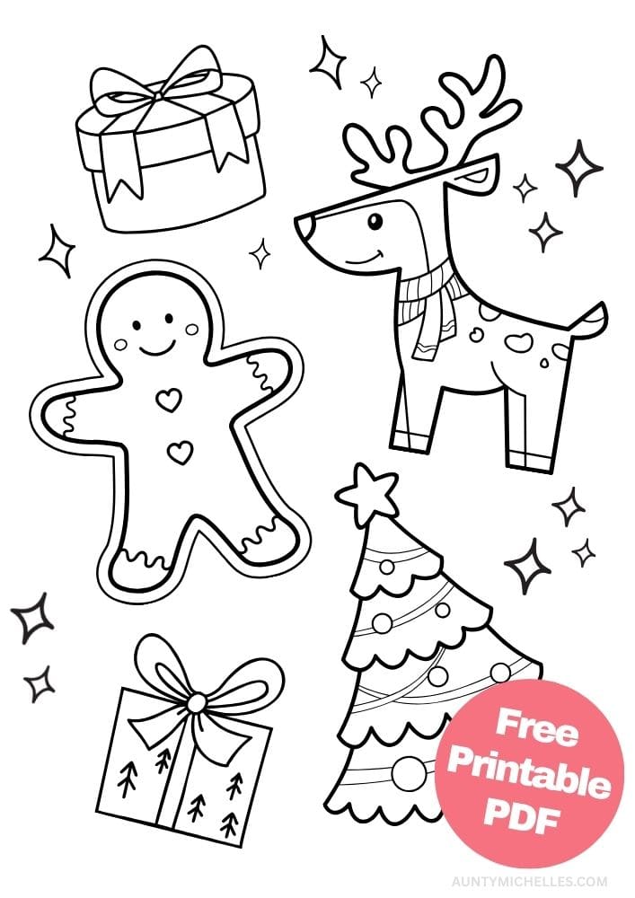 This printable coloring page for kids has a gingerbread man, reindeer wearing a scarf, a decorated Christmas tree with ornaments and garland on it, a round gift box and a square presents. It also has sparkling stars around the items.