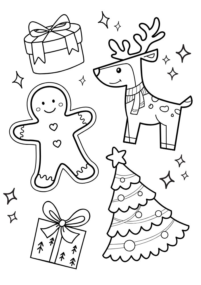 Free Printable Christmas Coloring Pages for Kids gingerbread man cookie reindeer christmas tree present stars colouring book