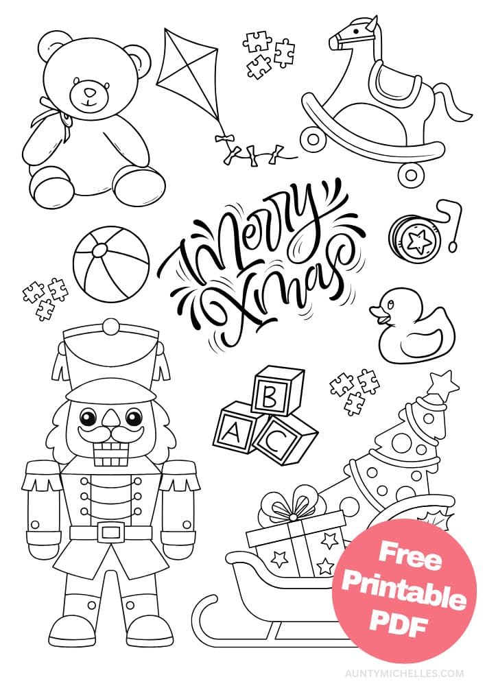 This printable coloring page for kids has Santa's sleigh with a decorated Christmas tree and a wrapped present inside along with a piece of holly on the outside. Above the sleigh are different unwrapped Christmas presents like a nutcracker, ABC blocks, puzzle pieces, a rubber duck, yoyo, beach ball, rocking horse, kite, and teddy bear.