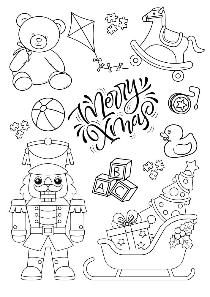 Free Printable Christmas Coloring Pages for Kids nutcracker teddy bear toys rocking horse sleigh tree merry xmas colouring book