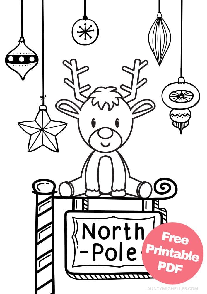This printable coloring page for kids has a a cute baby reindeer sitting in a split on top of an elaborate North Pole sign. Above the reindeer are five different Christmas ornaments hanging down. Each one has a unique shape and design.