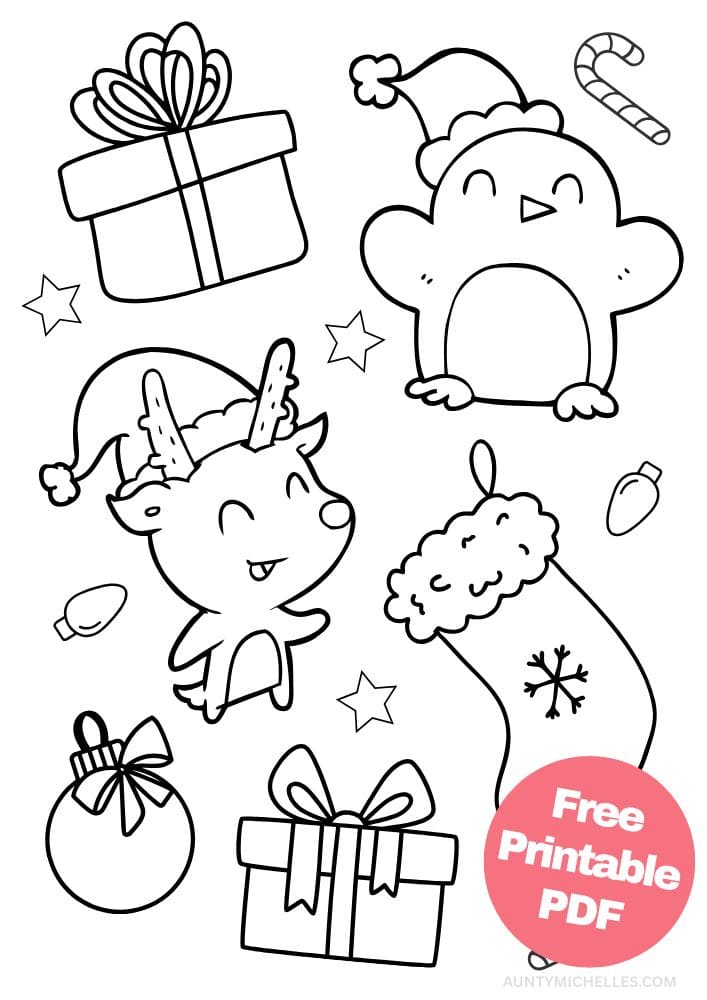 This printable coloring page for kids has Santa sitting in a sleigh with a bag of gifts behind him and one reindeer pulling him through the sky. Underneath them is a small city in the distance full of skyscrapers. There's a moon and stars in the sky and the words "Merry & Bright" written in outlined letters that can be colored in.