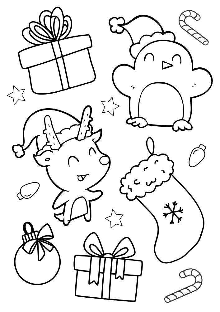 Free Printable Christmas Coloring Pages for Kids reindeer stocking present penguin ornament colouring book