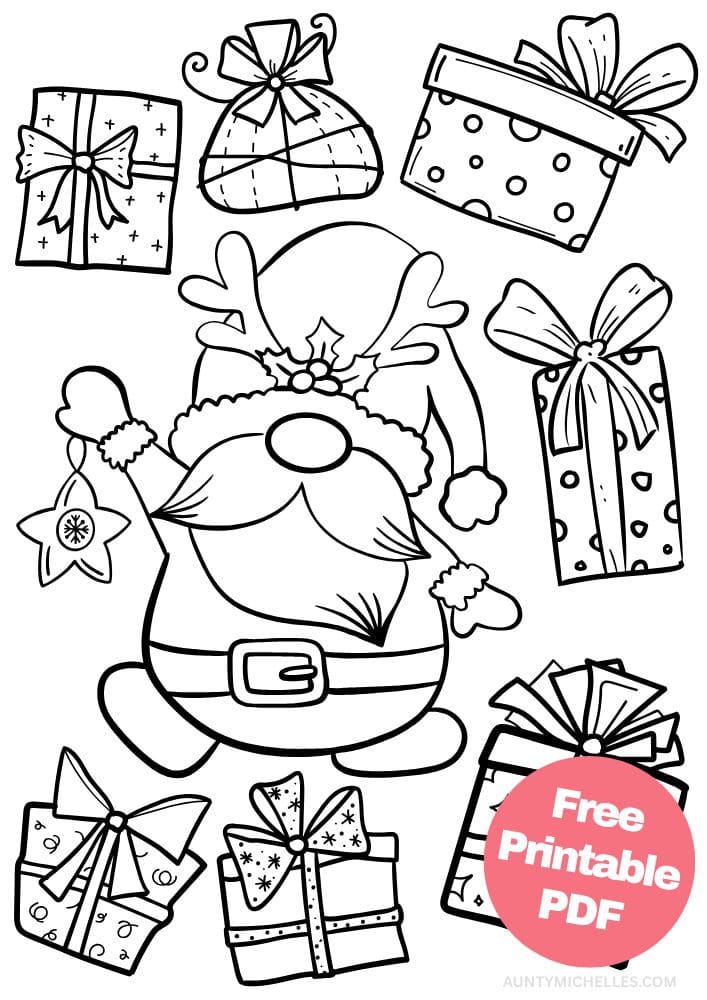 This printable coloring page for kids has an adorable Santa with reindeer antlers and holly on his hat. He's holding up a star shaped Christmas ornament with a snowflake on it. Around him are seven beautifully wrapped Christmas presents in different shapes with fun wrapping paper and bows on them.