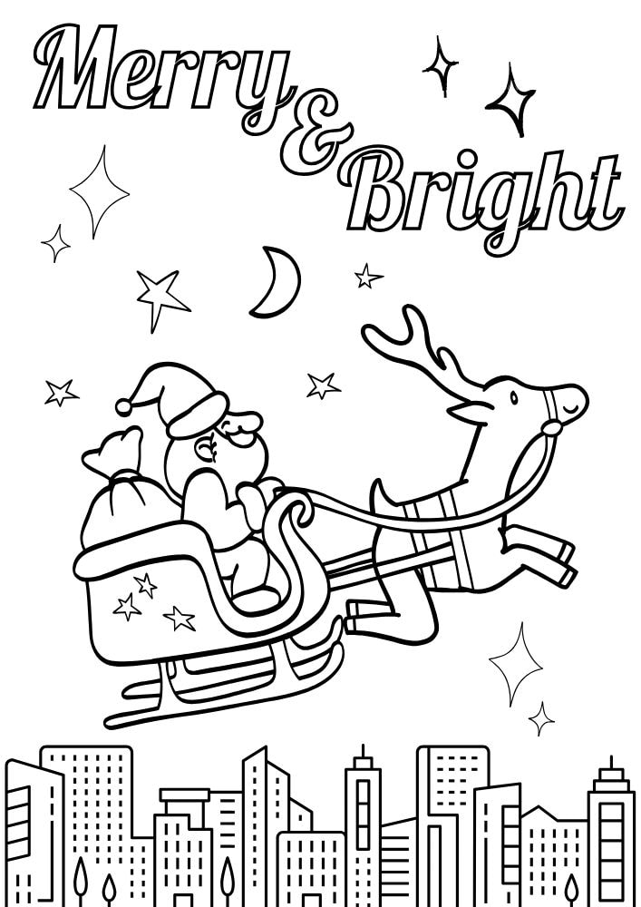 Free Printable Christmas Coloring Pages for Kids santa reindeer merry bright city stars flying delivering presents colouring book