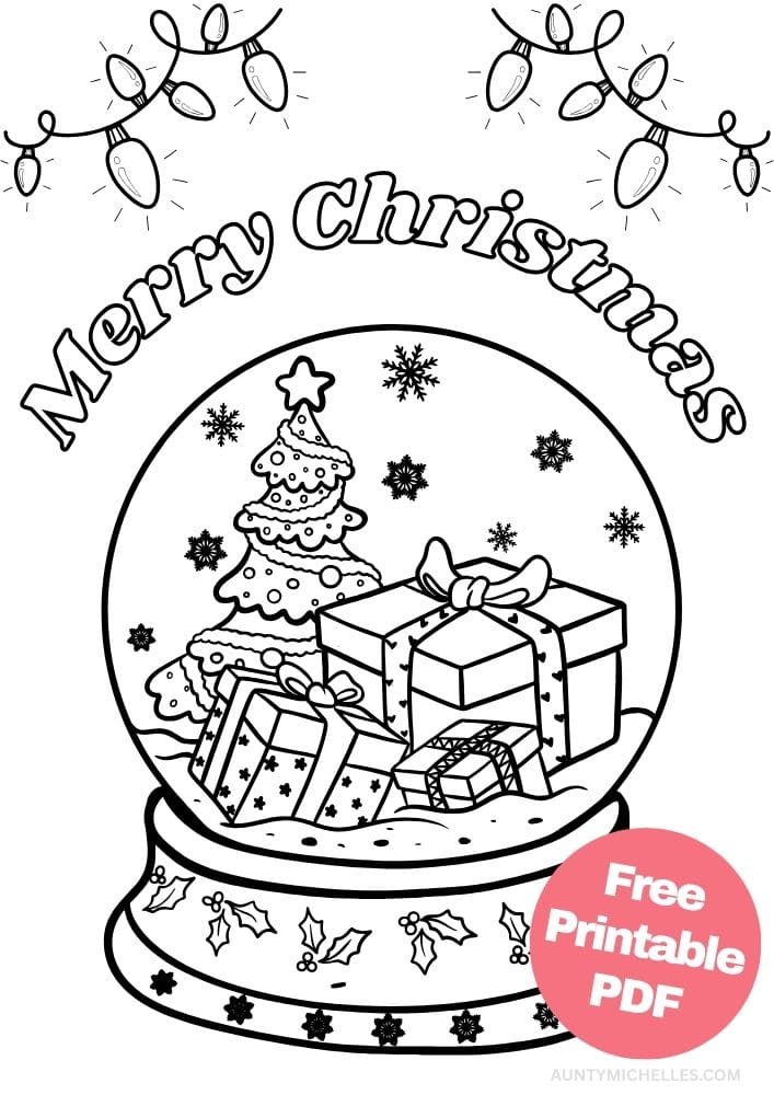 This printable coloring page for kids has a snow globe filled with a decorated Christmas tree, three different sized wrapped presents and snowflakes falling down. The base of the snow globe has holly and stars on it. Above the snow globe it says "Merry Christmas" in outlined letters that can be colored in. At the top of the page are two strings of twinkling Christmas lights.