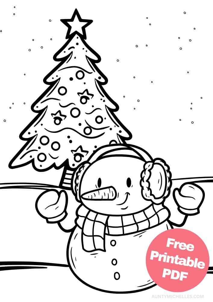 This printable coloring page for kids has a happy snowman outside in a blizzard wearing a striped scarf, mittens, and ear muffs. Behind him is a Christmas tree with ornaments on it and snow falling.