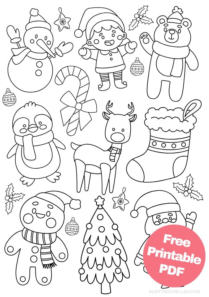 This printable Christmas coloring page for kids has a reindeer wearing a scarf, a cheerful elf, a snowman, a waving bear wearing a scarf and hat, a waving Santa, a decorated Christmas tree, a penguin wearing a scarf, a happy gingerbread man, a stocking, a candy cane, and small ornaments and holly.