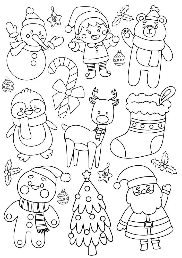 Free Printable Christmas Coloring Pages for Kids snowman elf tree santa candy cane stocking penguin bear winter colouring book