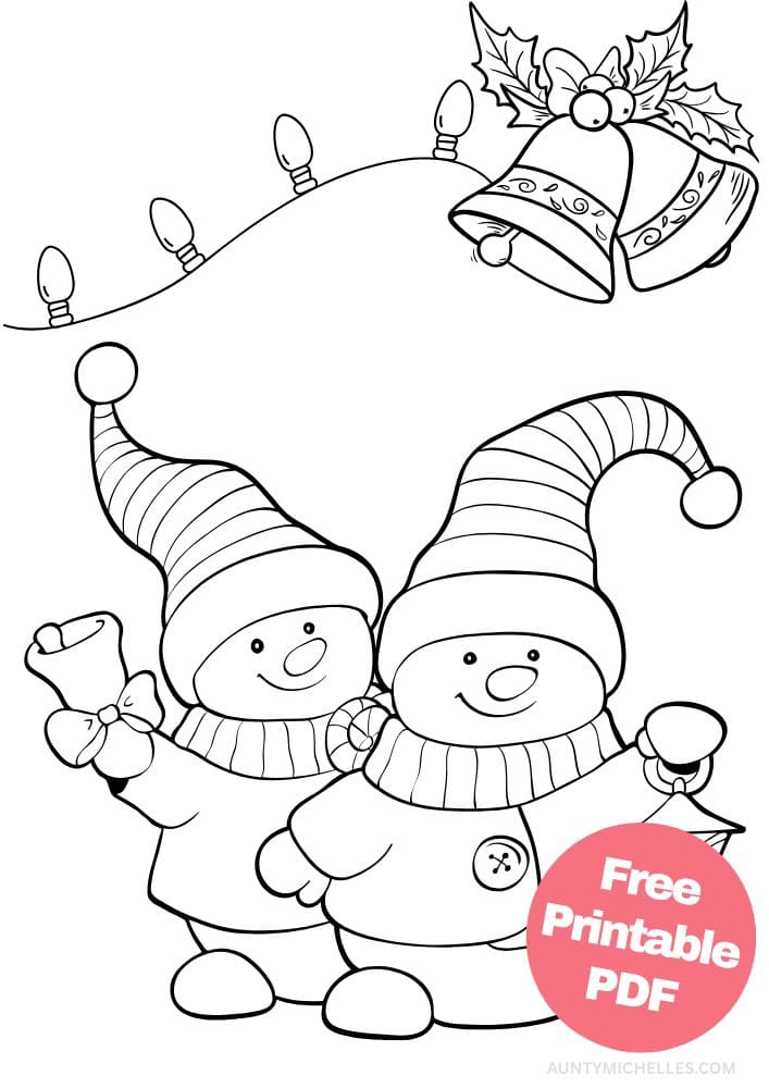 This printable coloring page for kids has a pair of snowmen who are wearing jackets, striped winter hats, and matching scarves. One is holding a lantern and the other is holding a bell with a bow on it. Above them are silver bells with holly on them and a string of Christmas lights.