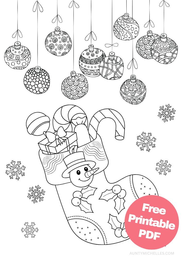 This printable coloring page for kids has a festive stocking with holly, a snowman, stripes, and stars on it. The stocking is filled with candy like a lollipop, candy cane, peppermint and a wrapped present. Hanging above the stocking are intricate ornaments. The stocking is surrounded by falling snowflakes.
