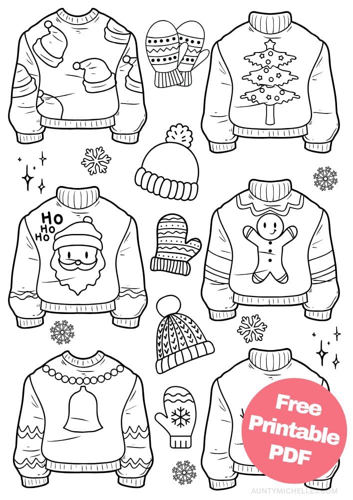 This printable coloring page for kids has a cup of hot cocoa, a cute reindeer wearing a scarf, an elf waving hello, a candy cane with a ribbon on it, a stocking with snowman and Christmas trees on it, and a wreath with a bow, garland, and ornaments on it. There are also three small Christmas ornaments surrounding the other items.