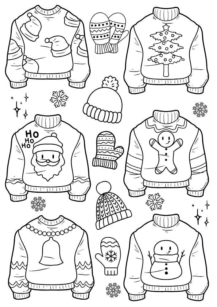 Free Printable Christmas Coloring Pages for Kids ugly christmas sweater santa tree snowman mittens hats winter colouring book