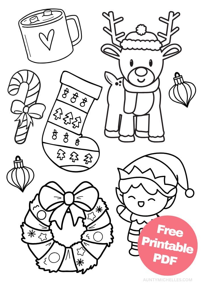 This printable coloring page for kids has a cup of hot cocoa, a cute reindeer wearing a scarf, an elf waving hello, a candy cane with a ribbon on it, a stocking with snowman and Christmas trees on it, and a wreath with a bow, garland, and ornaments on it. There are also three small Christmas ornaments surrounding the other items.