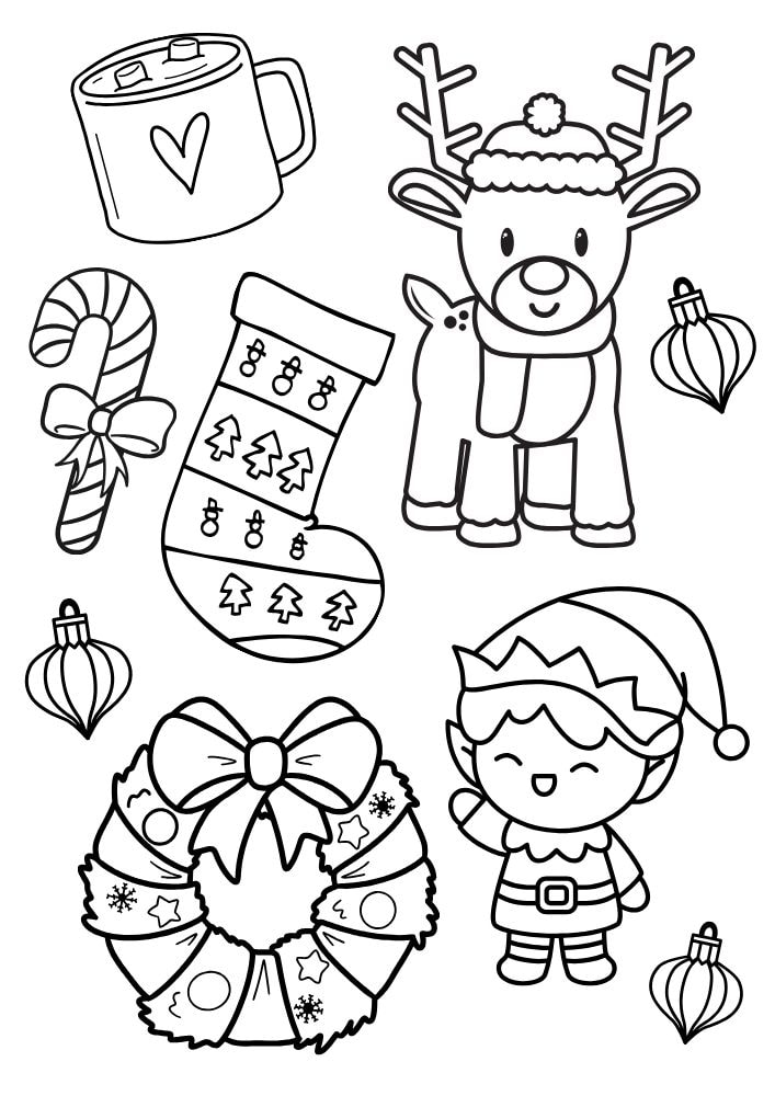 Free Printable Christmas Coloring Pages for Kids wreath elf reindeer stocking candy hot cocoa chocolate colouring book