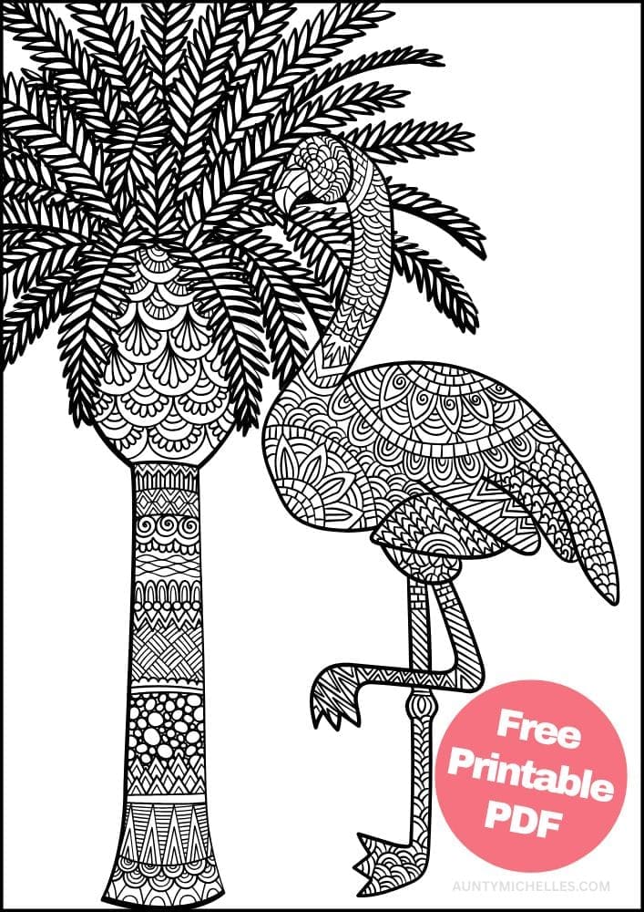 Free Bird Printable Coloring Pages for Adults Colouring Book Mandala Flamingo Palm tree Tropical