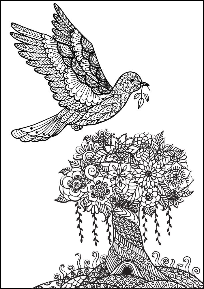 Free Bird Printable Coloring Pages for Adults Colouring Book Mandala Pigeon Flying Tree Flowers Dove