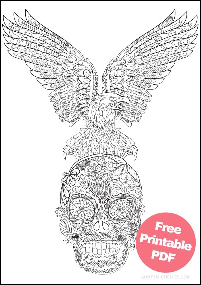 Free Bird Printable Coloring Pages for Adults Colouring Book Mandala bald headed eagle skull