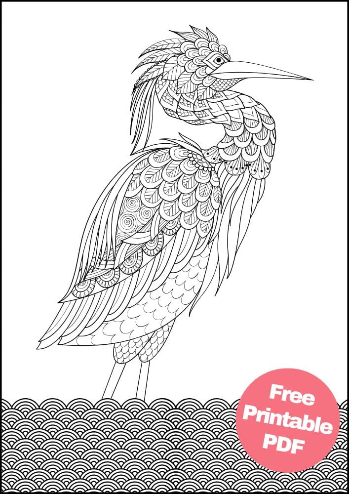 Free Bird Printable Coloring Pages for Adults Colouring Book Mandala gray heron water wading standing