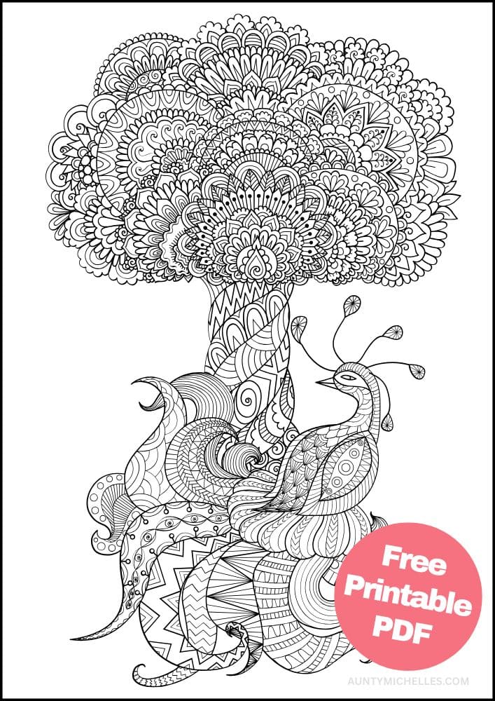 Free Bird Printable Coloring Pages for Adults Colouring Book Mandala peacock tree flowers