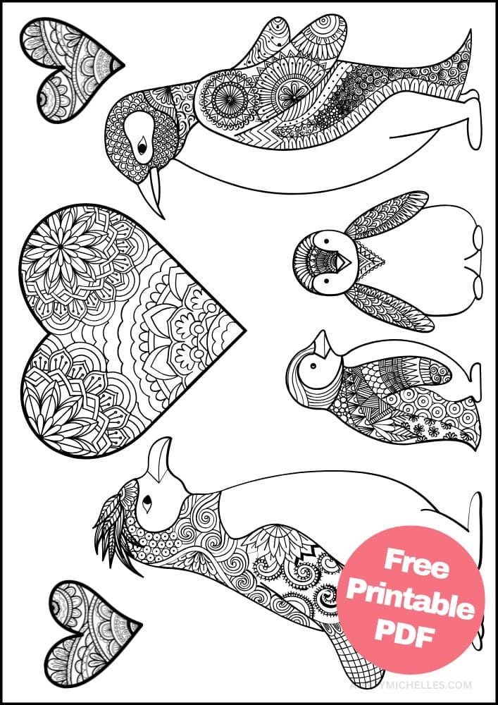 Free Bird Printable Coloring Pages for Adults Colouring Book Mandala penguin family hearts love cute