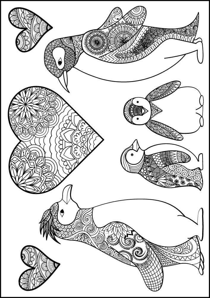 Free Bird Printable Coloring Pages for Adults Colouring Book Mandala penguin family hearts love cute