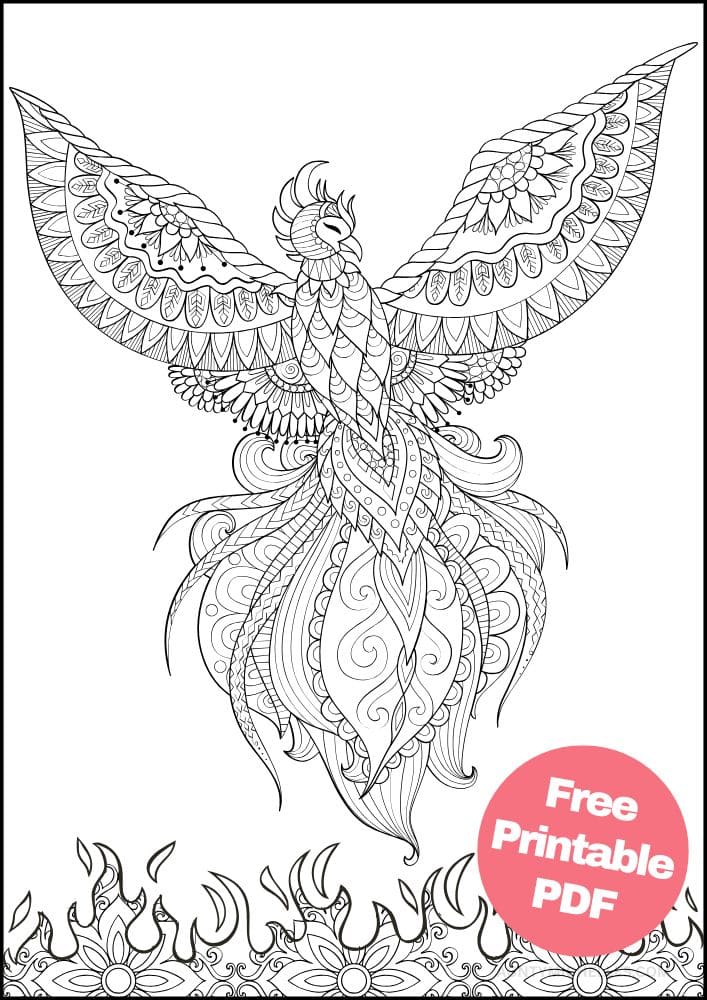 Free Bird Printable Coloring Pages for Adults Colouring Book Mandala phoenix rising flame fire ashes