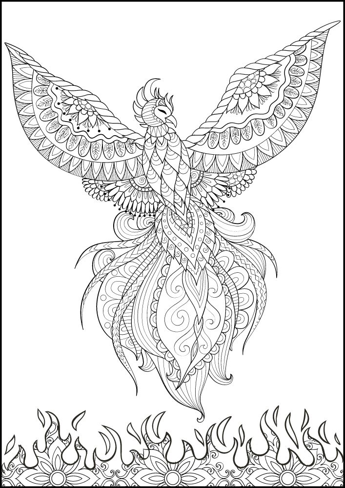 Free Bird Printable Coloring Pages for Adults Colouring Book Mandala phoenix rising flame fire ashes