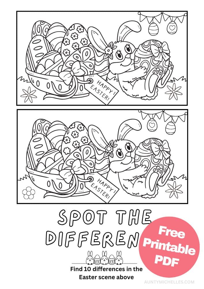 Free Easter Printable Activities for Kids Games Puzzles Fun Educational 11 easter themed spot the difference rabbit bunny egg basket