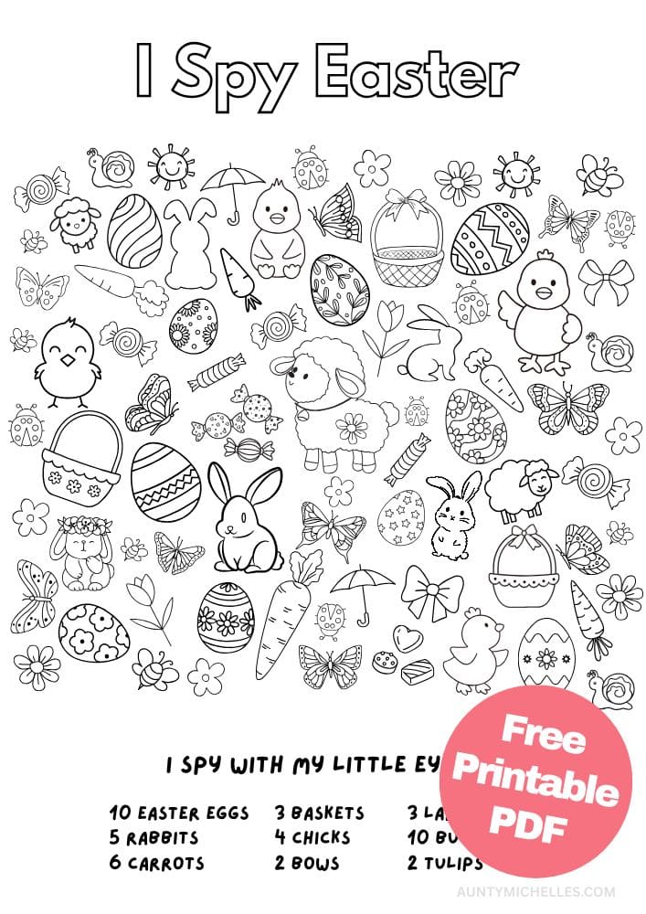 Free Easter Printable Activities for Kids Games Puzzles Fun Educational 12 easter themed i spy easter bunny lamb egg rabbit carrot butterfly tulip chick