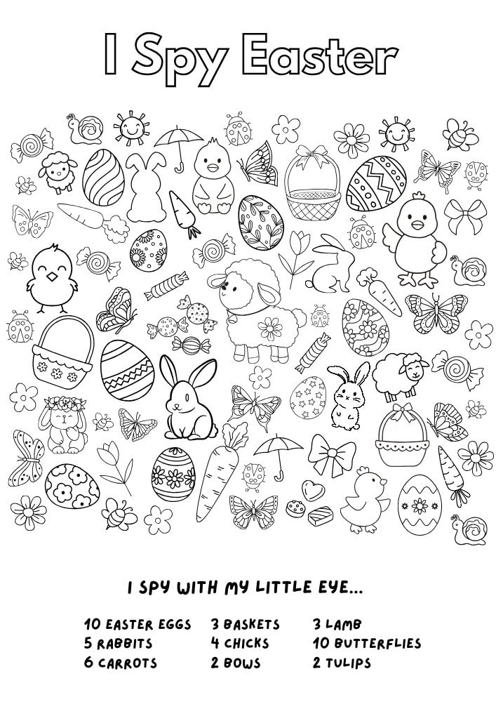 Free Easter Printable Activities for Kids Games Puzzles Fun Educational 12 easter themed i spy easter bunny lamb egg rabbit carrot butterfly tulip chick