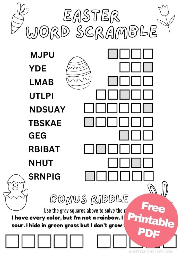 Free Easter Printable Activities for Kids Games Puzzles Fun Educational 3 easter themed word scramble