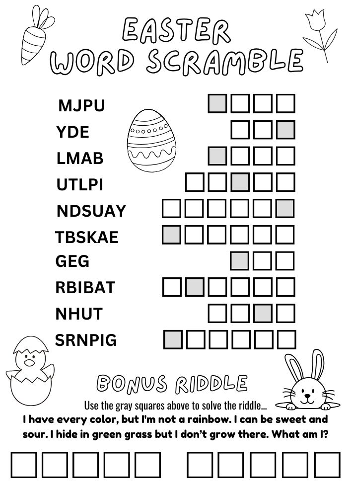 Free Easter Printable Activities for Kids Games Puzzles Fun Educational 3 easter themed word scramble