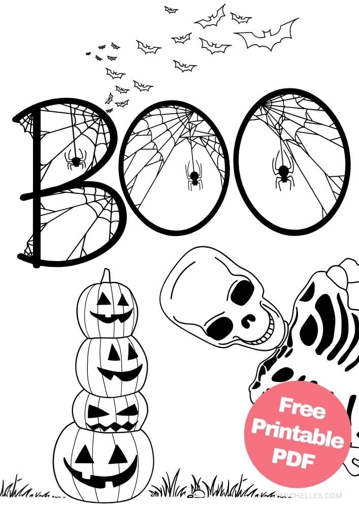 This printable coloring page for kids has a skeleton peaking out from the side of the page and smiling, a stack of four pumpkins sitting on top of each other, the word "boo" covered in cob webs with spiders hanging down. In the background are bats flying into the sky.