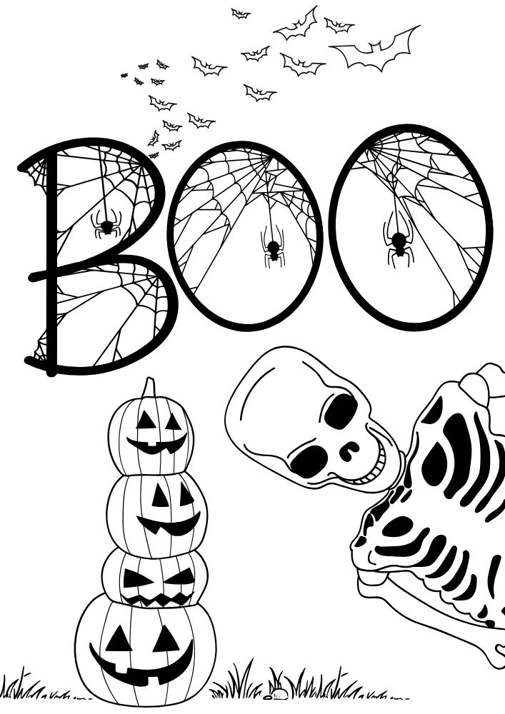 Free Halloween Printable Coloring Pages for Kids Colouring Book Spooky Boo skull skelaton pumpkin jack o lantern bat spider creepy