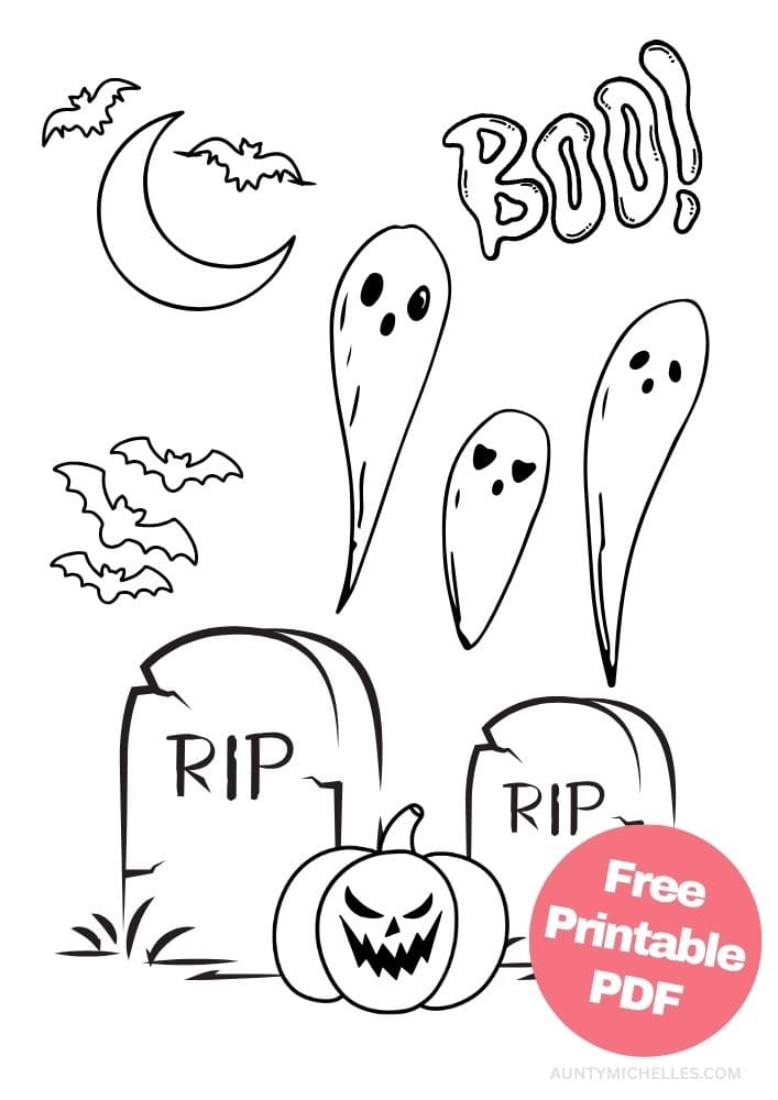 This printable coloring page for kids has three ghosts flying over two tombstones in a graveyard that say RIP with a Jack-o-lantern pumpkin in front of them. In the sky are bats and a crescent moon.