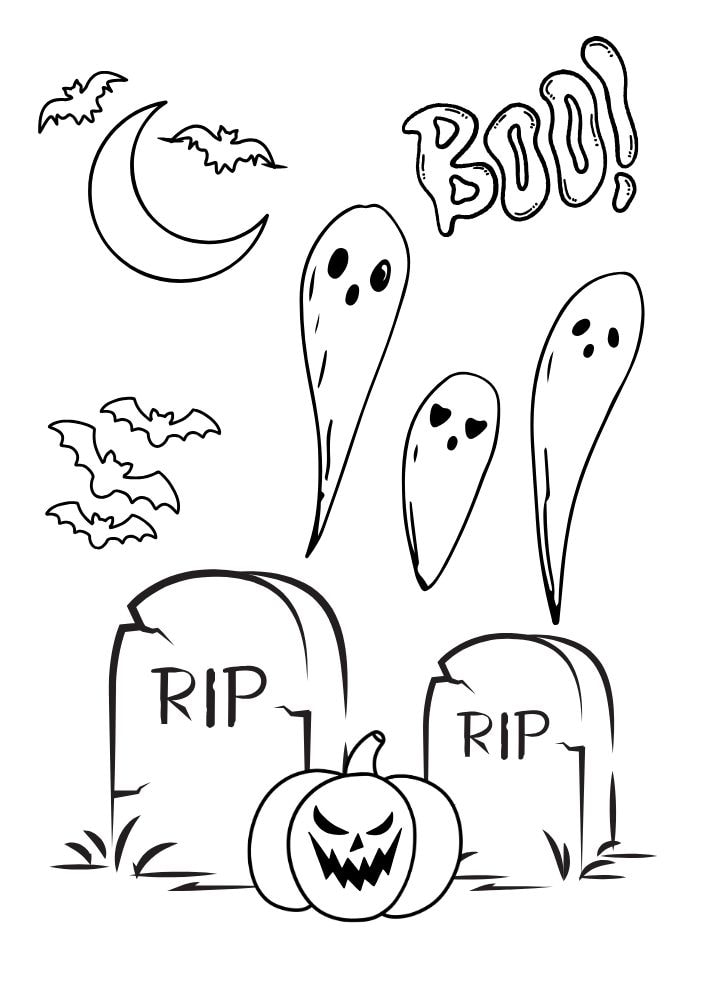 Free Halloween Printable Coloring Pages for Kids Colouring Book Spooky Ghost Bat Moon Boo RIP cemetery tomb stone pumpkin