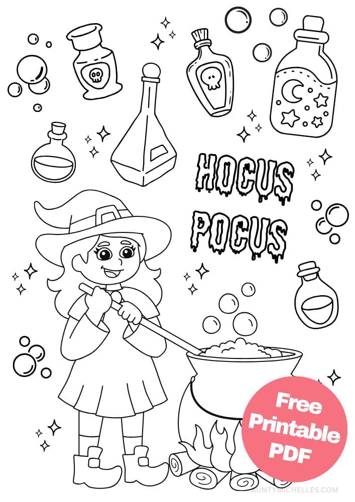 This printable coloring page for kids has a happy witch brewing a potion in a cauldron with different potions and bubbles flying around. It says "Hocus Pocus" in outlined letters.