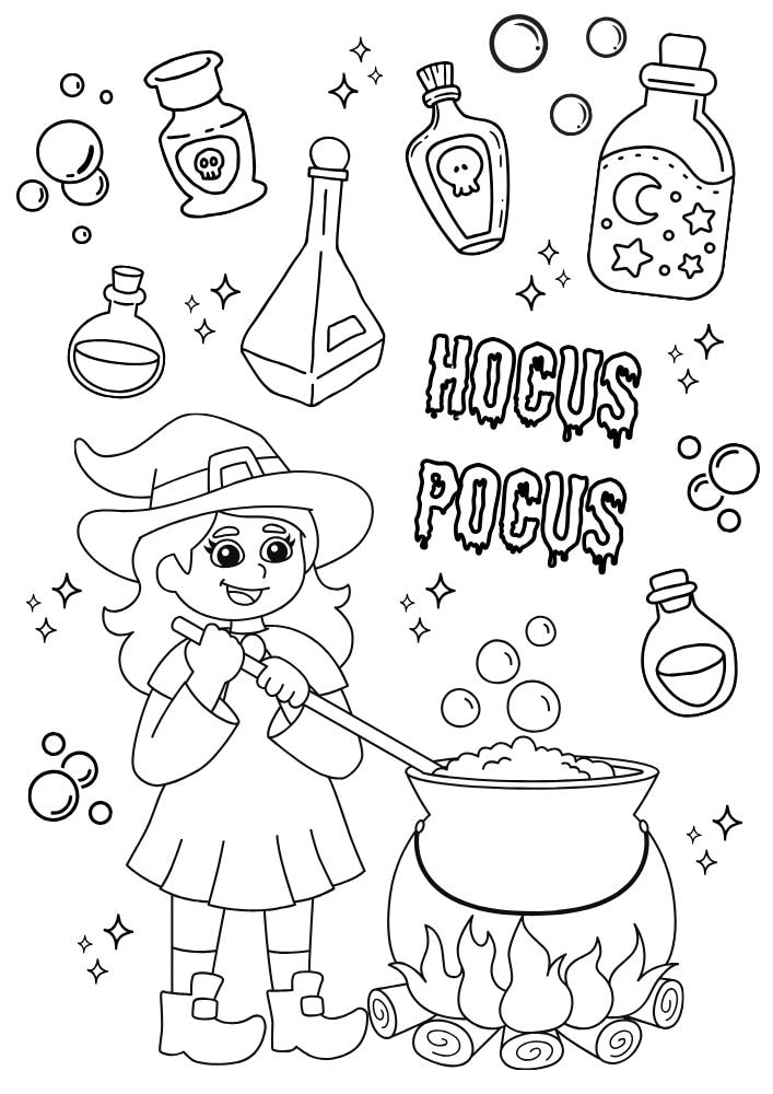 Free Halloween Printable Coloring Pages for Kids Colouring Book Spooky Hocus Pocus witch potion cauldron bubbles