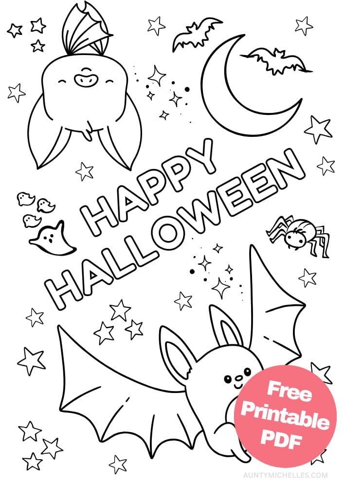 This printable coloring page for kids has two big bats. One is flying and one is hanging upside down sleeping. There's a moon with a few small bats flying around it. This page also has a spider, ghosts, stars, and the words "Happy Halloween" in outlined letters.