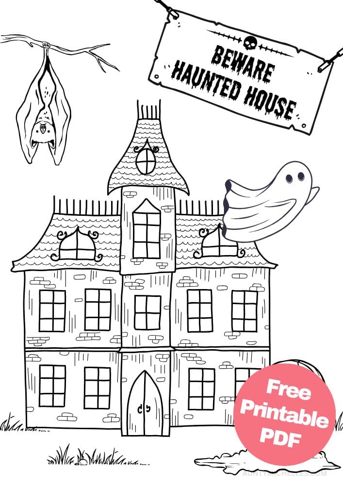 This printable coloring page for kids has an old haunted Victorian house with a "Beware Haunted House" sign hanging above. Above the house is a tree branch with a sleeping bat hanging down and a ghost flying by. In front of the house is a graveyard with a headstone that says "RIP."