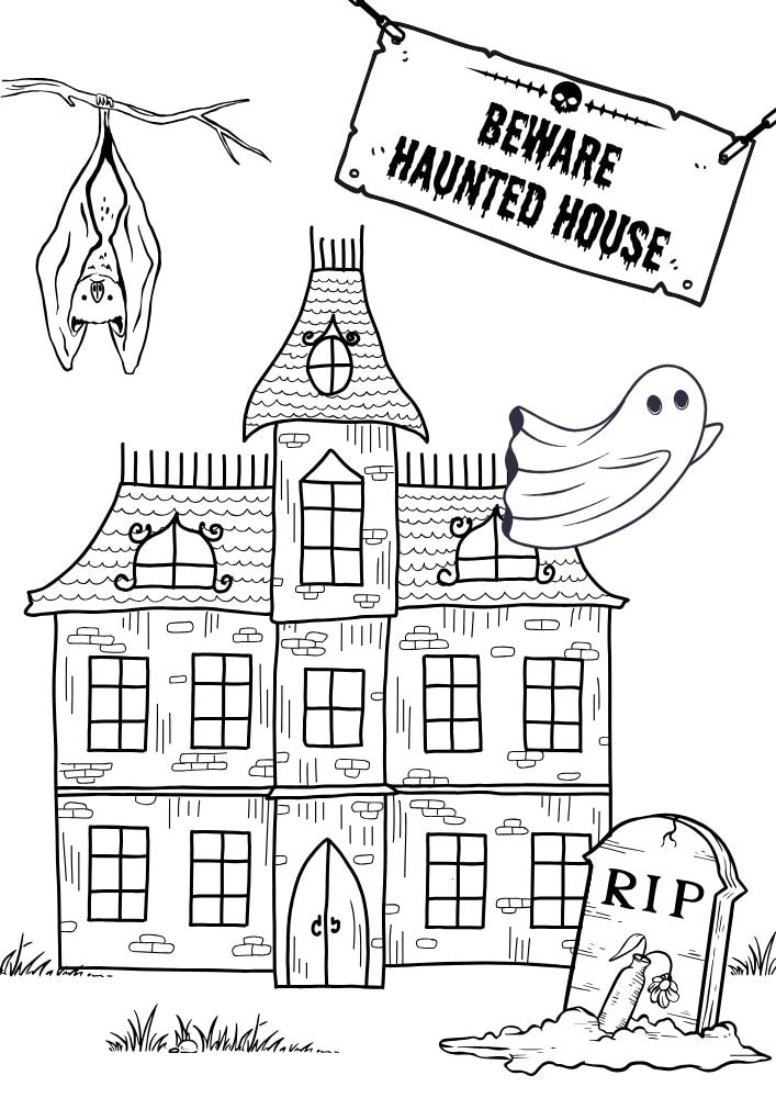 Free Halloween Printable Coloring Pages for Kids Colouring Book Spooky beware haunted house bat ghost tombstone graveyard cemetery creepy victorian home