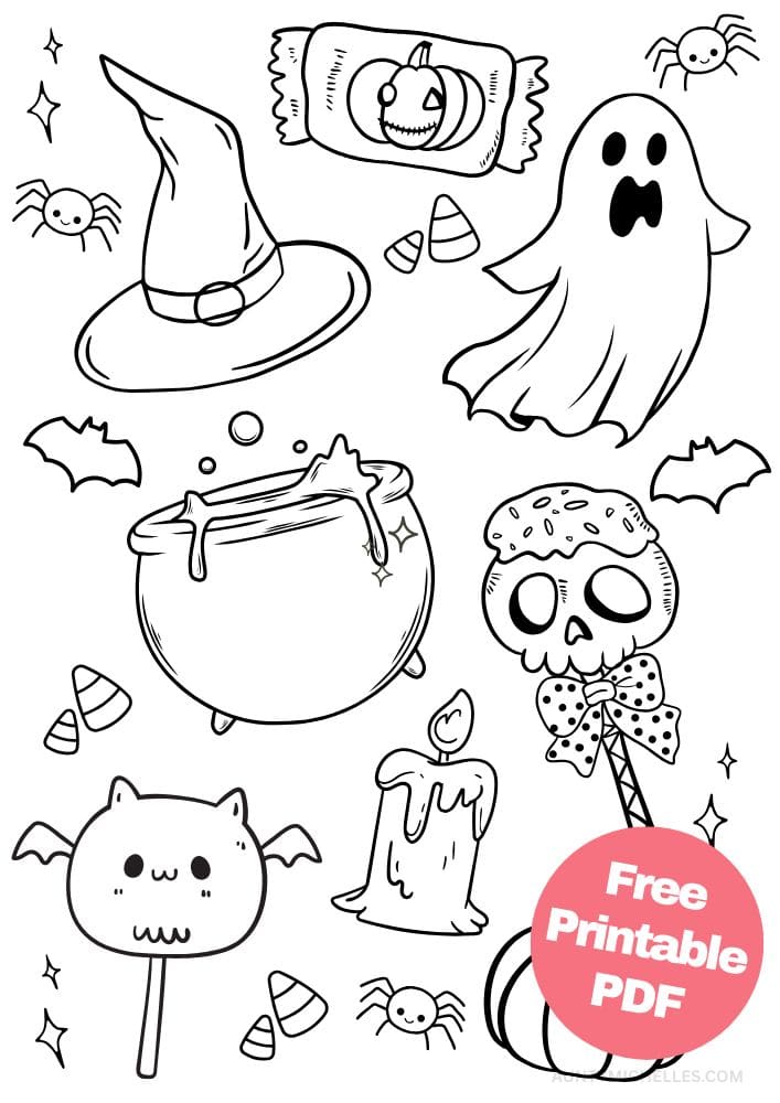 This printable coloring page for kids has a witches hat, a ghost, bats, a pumpkin, a cauldron with bubbles coming out, candle, spiders, candy corns, a skull shaped lollipop with a bow, a bat shaped lollipop, and candy with a pumpkin on it.